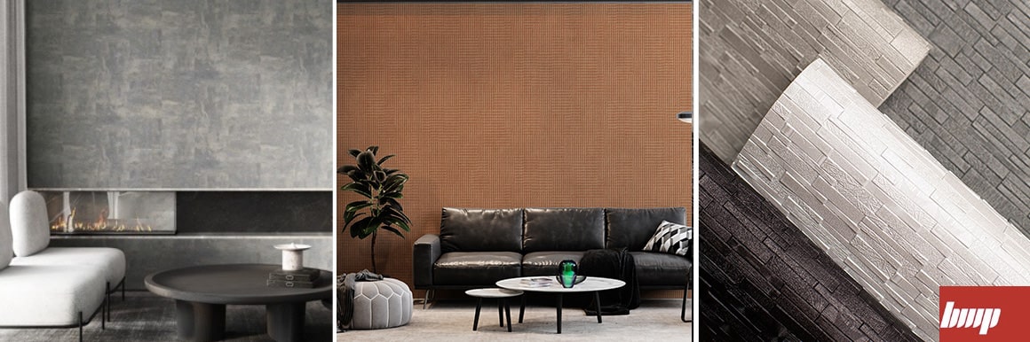 Create Modern Quite Luxury wall with fabric-backed wallpaper featuring embossed texture from VERSA collection , USA.